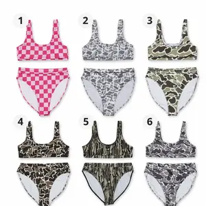 Women’s High Waisted Bikini Set – Checkerboard & Camo Print Two Piece Swimsuit, Sporty Crop Top Swimwear, Summer Beach Outfit, Gift for Her