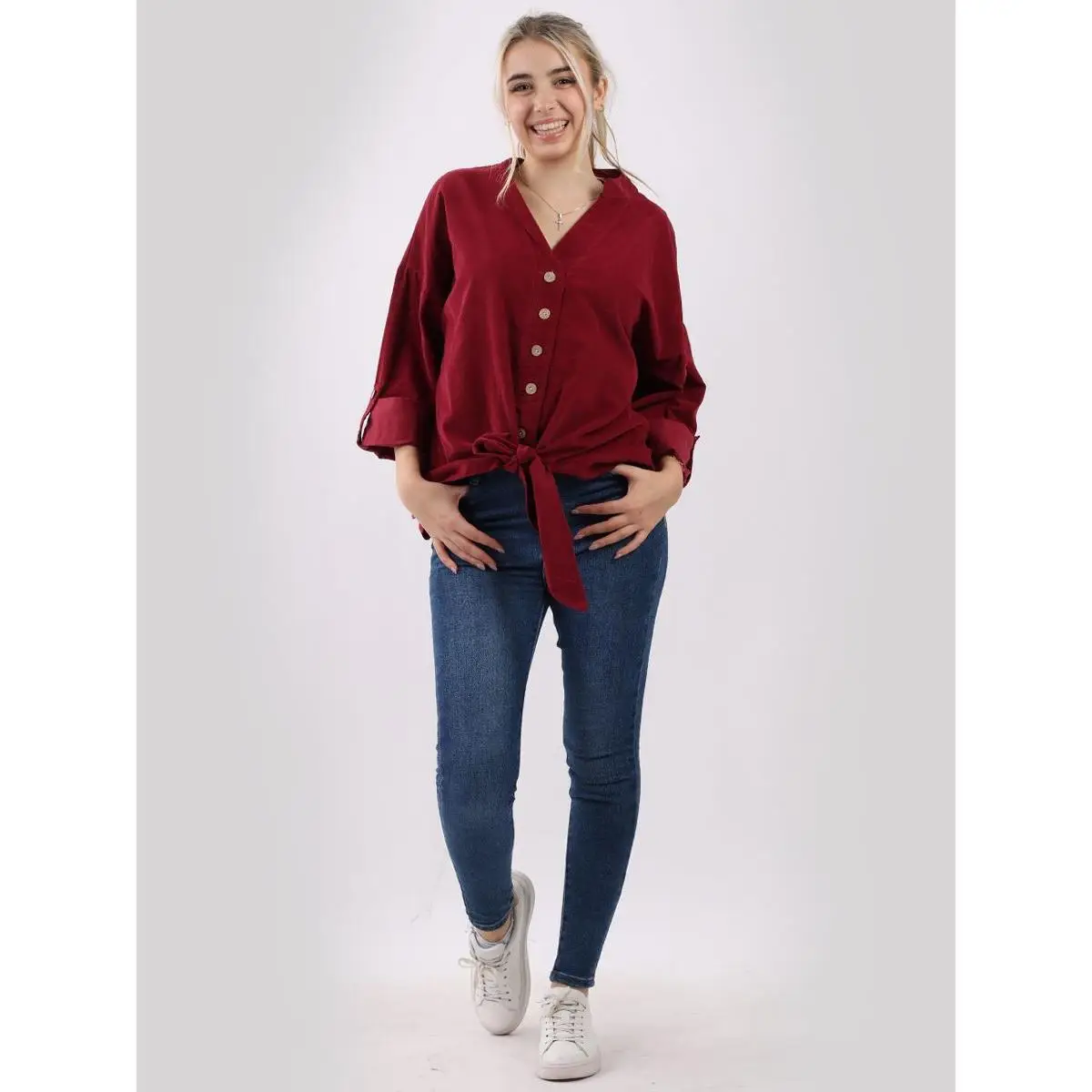 Plain Cotton Corduroy Twisted Hem Knot Ladies Shirt