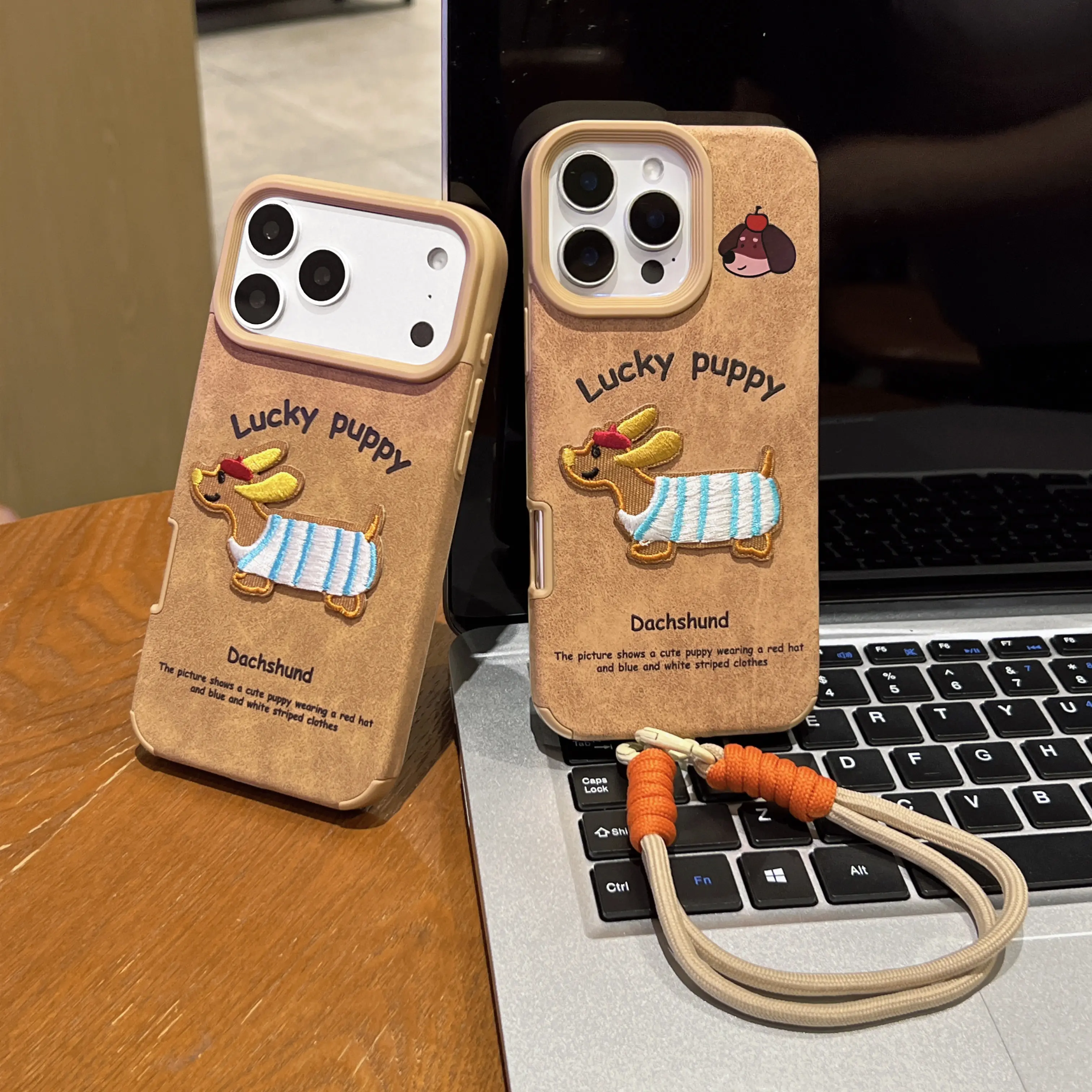 Cute Embroidered Dachshund Dog iPhone Case for 17 16 Pro Max 15 14 Plus 13 12 11 xs Warm Brown Leather with DIY Puppy Sticker & Lanyard Perfect Gift for Her WC33