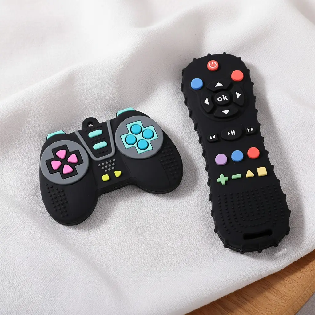 Tv Remote Control & Handheld Game Console Remote Control Design Baby Teether, 2 Counts Soft Silicone Baby Teether Toy Gift, Safety Baby Teething Toys, Sensory Teether, Teething Relief Set