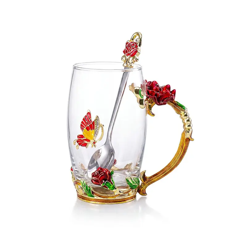 Handicraft Crystal Glass 3D Flower Cups Tea Mug With Tea Spoon Women Coffee, Tea, Juice, Beer, Milk Hot And Cold Drinks Use Gift Package