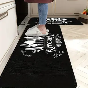 2pcs Black cookware pattern kitchen floor mat with rubber backing, diatomite water-absorbent, non-slip and fall-resistant foot mats, soft and comfortable, machine washable, suitable for bathroom, kitchen, bedroom entrances, home decor carpet