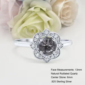 Floral Vintage Style 0.84CT Natural Rutilated Quartz Bridal Band Women Ring Wedding Engagement Round Ring 925 Sterling Silver 13mm