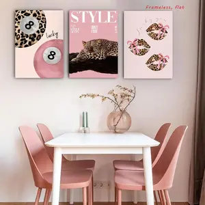 3-Piece Set / Pink Leopard-Print Canvas Wall Art, Unframed Wall Art, Decorative Posters featuring a leopard, bow, featuring prints inspired by Y2K, playful, preppy, and lucky aesthetics, perfect for a girl’s bedroom, frameless