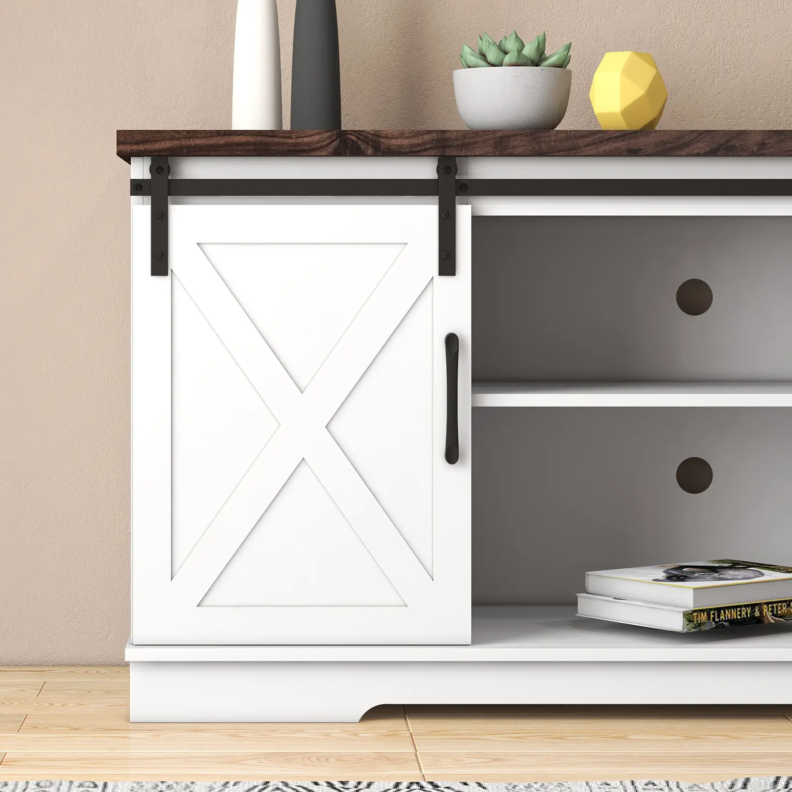 Brown/white color-blocked barn door TV cabinet