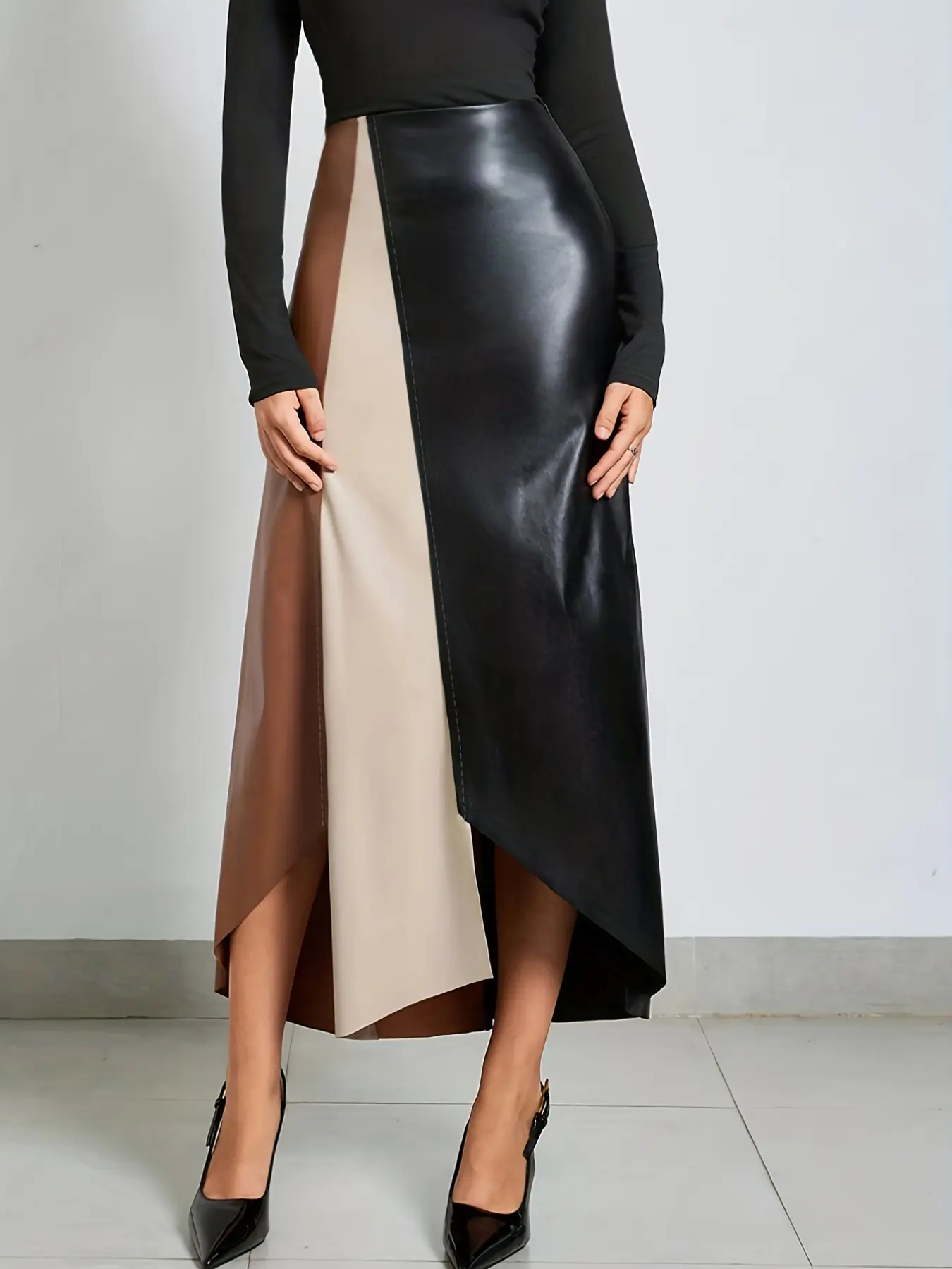 A fashionable color blocked irregular Fitted leather skirt for women, suitable for commuting, shopping, and outdoor wear, Stylish Bodycon Skirt