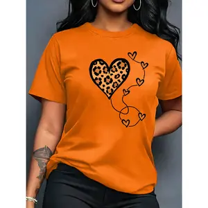 100% pure cotton, available in multiple colors, suitable for all seasons, leopard print heart pattern T-shirt, short sleeve casual crew neck top, spring and summer women's clothing