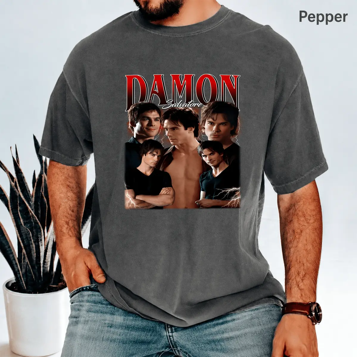 Men's Vintage Damon Salvatore Graphic T-Shirt - Round Neck, Short-Sleeve Menswear Top, The Vampire Diaries Ian Somerhalder Merch, Soft Relaxed-Fit Cotton Casual Tee