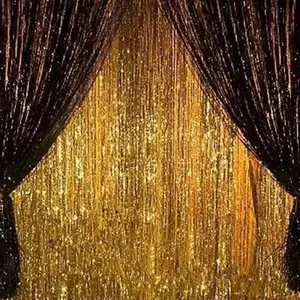 2PCS Black and Gold Tinsel Foil Fringe Curtains 3x8FT Metallic Backdrop for New Year Halloween Graduation Party