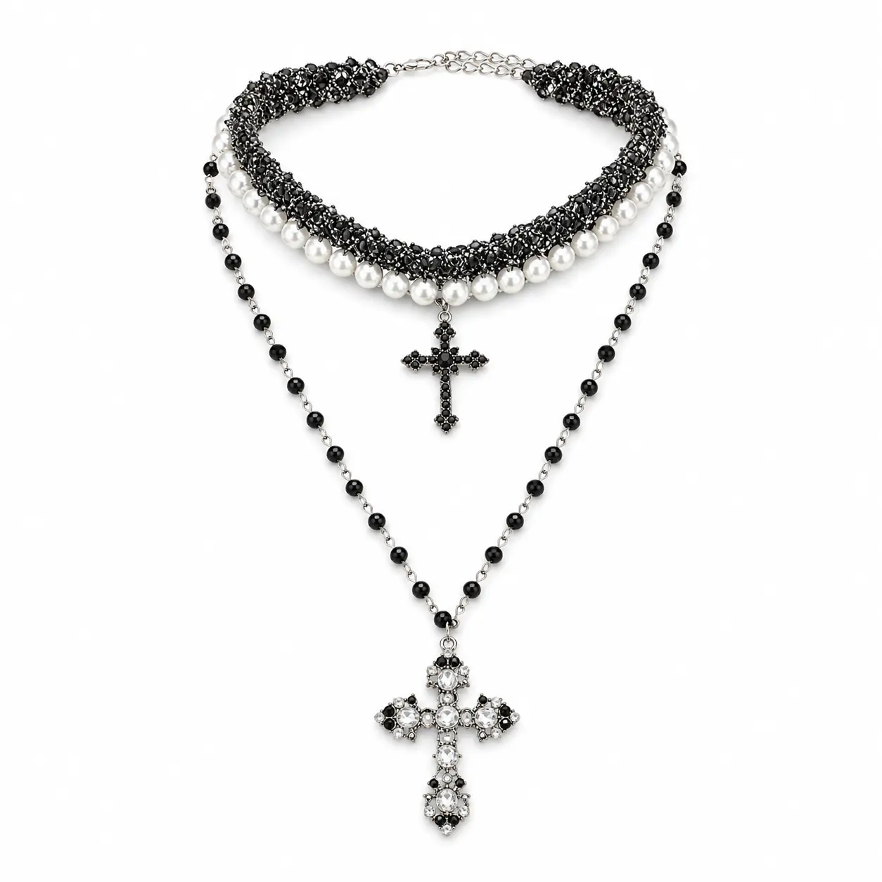 Female Goth Layered Black Cross Choker Set - Beading, Coptic Cross Pendant, Alloy Chain Multilayer Necklace, Dark Fashion Gothic Costume Jewelry, Party Wear Gift, Geometric