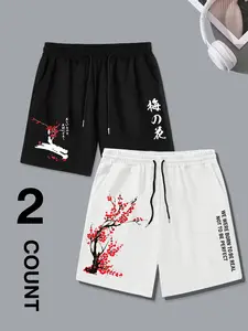 Men's Loose Fit Japanese Plum Blossom Shorts Set, Activewear Clothes, Plum Print, Casual Summer Wear, Asian Aesthetic Street Style