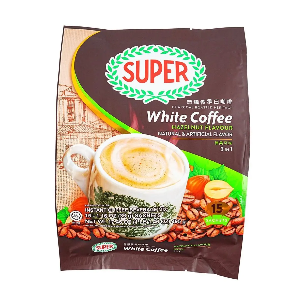 SUPER Singapore Charcoal Roasted White Coffee 15 Sachets 495g - Rich Aroma & Smooth Taste