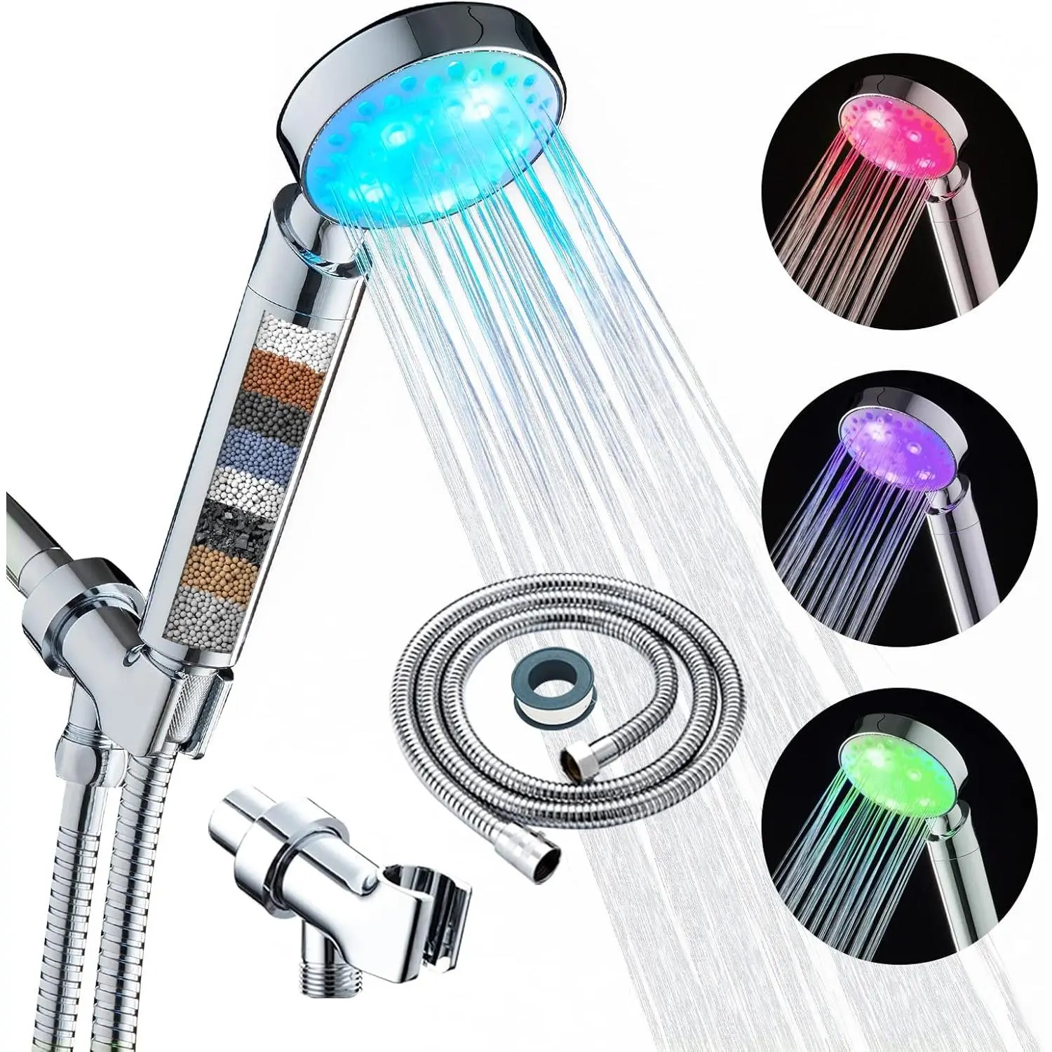 Polished Chrome Filtered LED Handheld Showerhead for Hard Water - Self-Cleaning, Water-Saving 1.8gpm, 7 Color Auto Light Change, 60in Stainless Steel Hose, Adjustable Bracket, High-Quality ABS & Synthetic Material, Fits Standard Shower Systems
