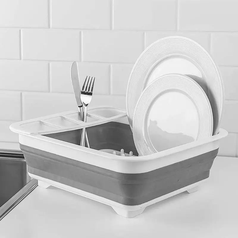 Collapsible Dish Drying Rack Portable Dish Drainer Storage Organizer Dinnerware Water Drain Board Strainer Basket Tray for Kitchen Countertop RV Camping Apartment RV Accessories Small Space