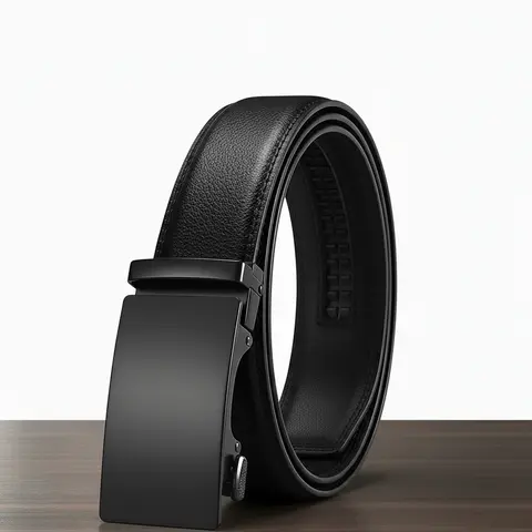 Men's Leather Belt Automatic Ratchet Buckle Slide Belt for Dress Casual Trim to Fit with Leather Strap & Alloy Buckle Classic Design Easy to Use & Comfortable for All Occasions
