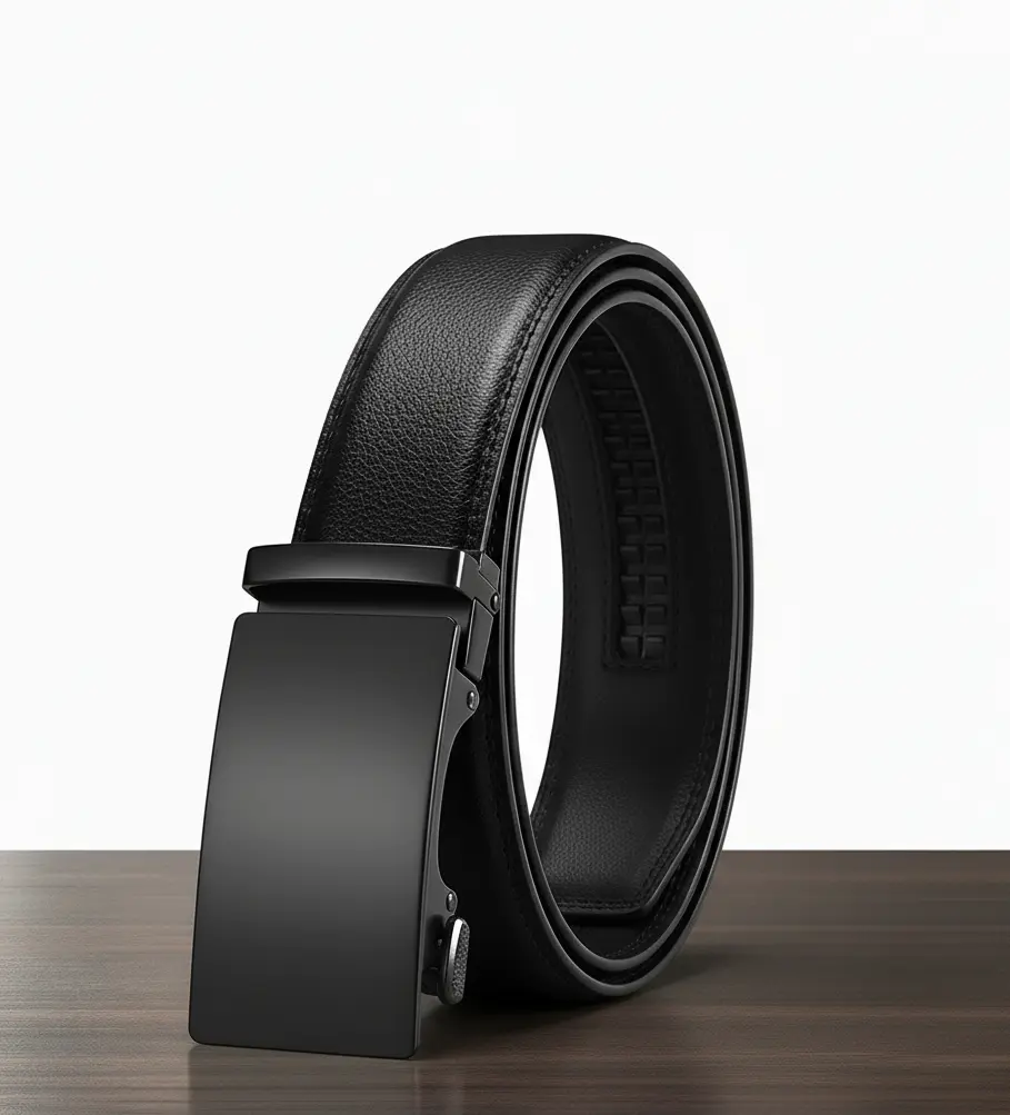 Men's Leather Belt Automatic Ratchet Buckle Slide Belt for Dress Casual Trim to Fit with High-Quality Leather Strap & Alloy Buckle Classic Design Easy to Use & Comfortable for All Occasions