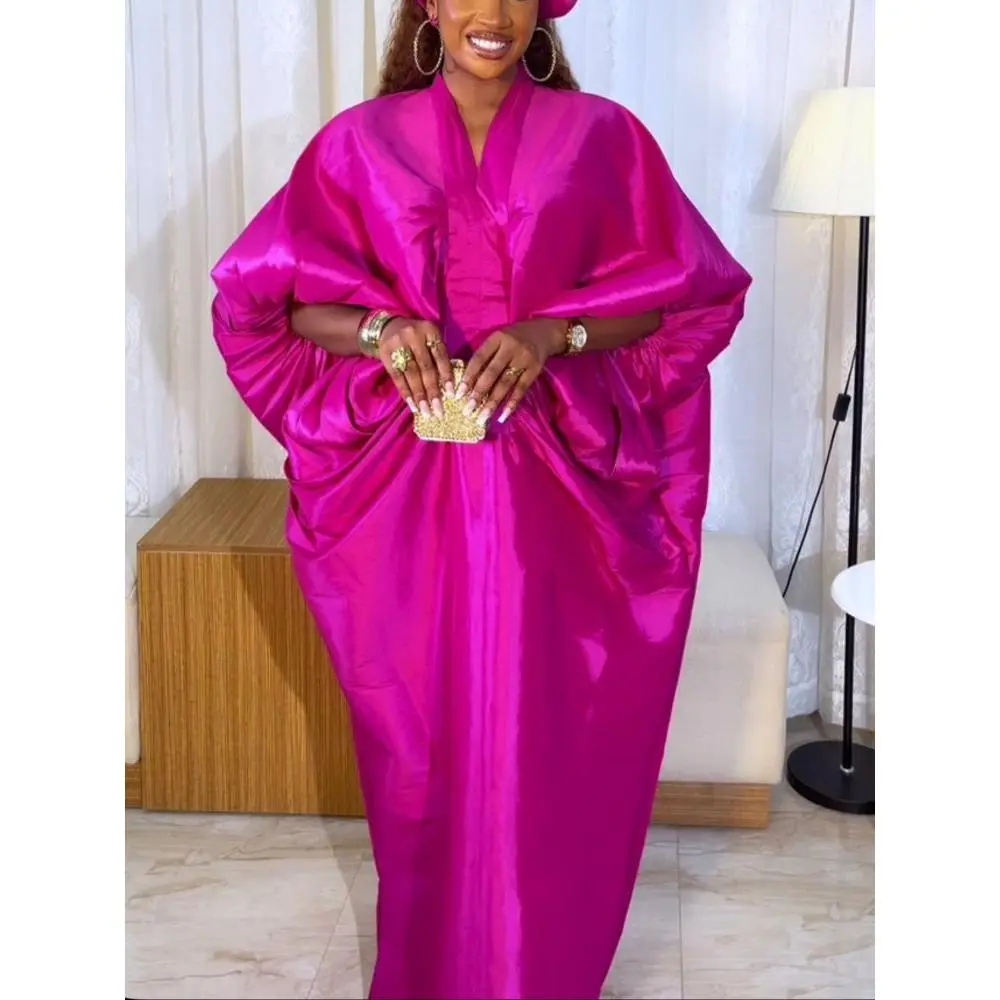 Elegant Pleated Gowns for Women's Evening Party, Glitter V-Neck with Long Lantern Sleeves, Loose Fit Bubu Style, Formal Wear