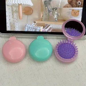 1PC Mini Portable Foldable Hair Brush With Makeup Mirror for Women, Dual-Use, On-the-Go Styling, Travel Essentials, Cute Folding Air Cushion Comb for All Hair Types, Massage Feature, Pink Green Purple, Birthday/Halloween/Christmas Gift, Party Favors
