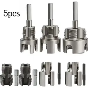 5pcs Heavy Duty Pipe Threading Tool Set/Integrated Internal And External Pipe Threading Tool - 1/2", 3/4", 1"+4 Internal And External Integrated Die Heads Internal/External Thread, Compatible with Electric Drill Pvc/Plastic Pipe Threading Tool