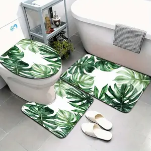 3pcs Tropical Rainforest Series Green Monstera Pattern Bathroom Mat Set with Toilet Seat Cover and U-Shaped Foot Mat