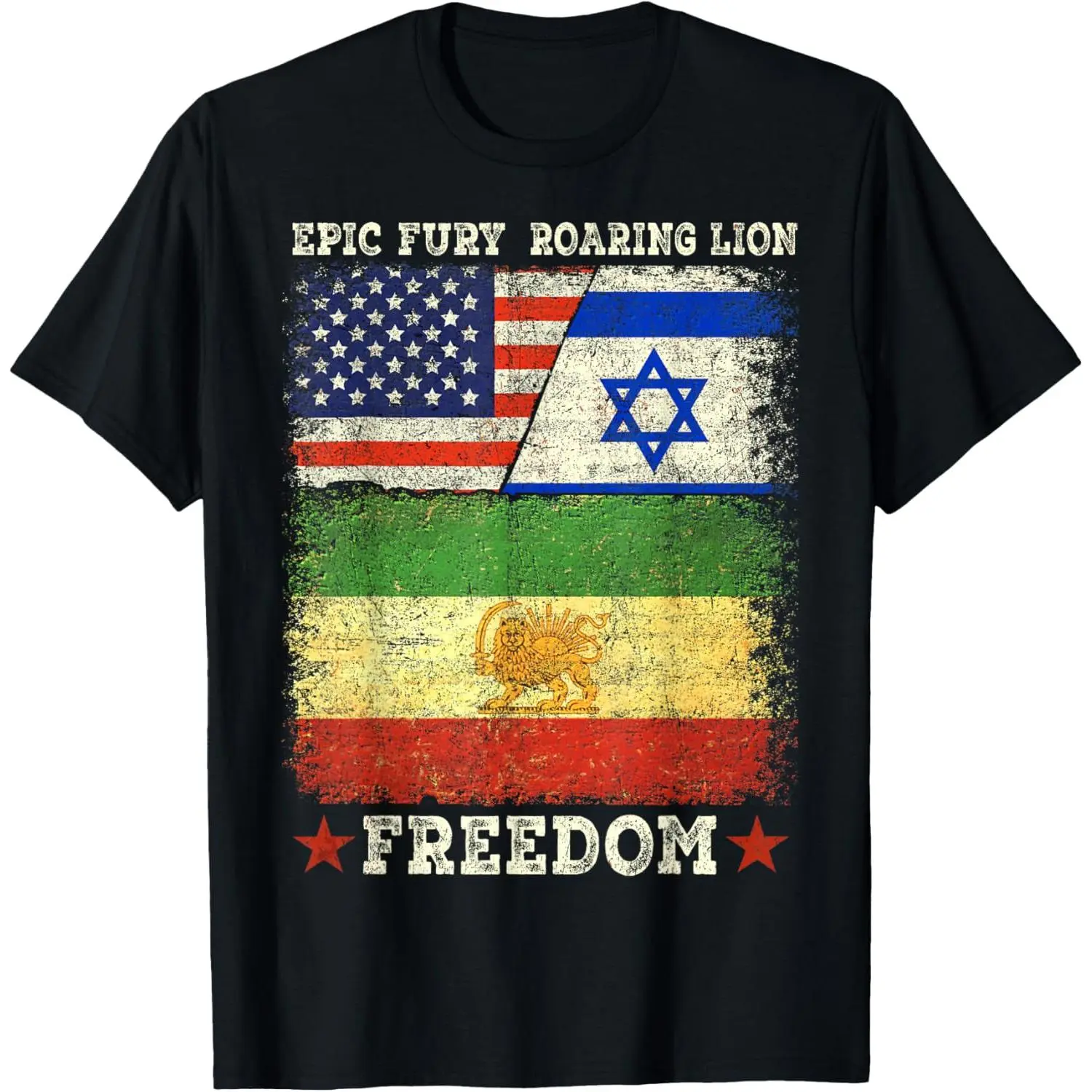 Women's Cotton Short-Sleeve Casual Distressed Graphic T-Shirt - United States, Israel, Iran Lion and Sun Flags, Freedom Unity Theme, Shortsleeve, Round Neck, Top