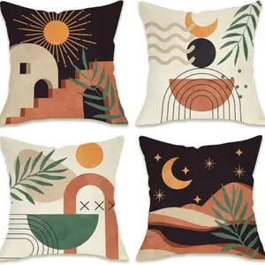 Boho Crescent Moon Pattern Pillow Covers Cushion Slipcovers Set of 4, 45x45cm, Short Plush Material, Hidden Zipper, Indoor Outdoor Decor