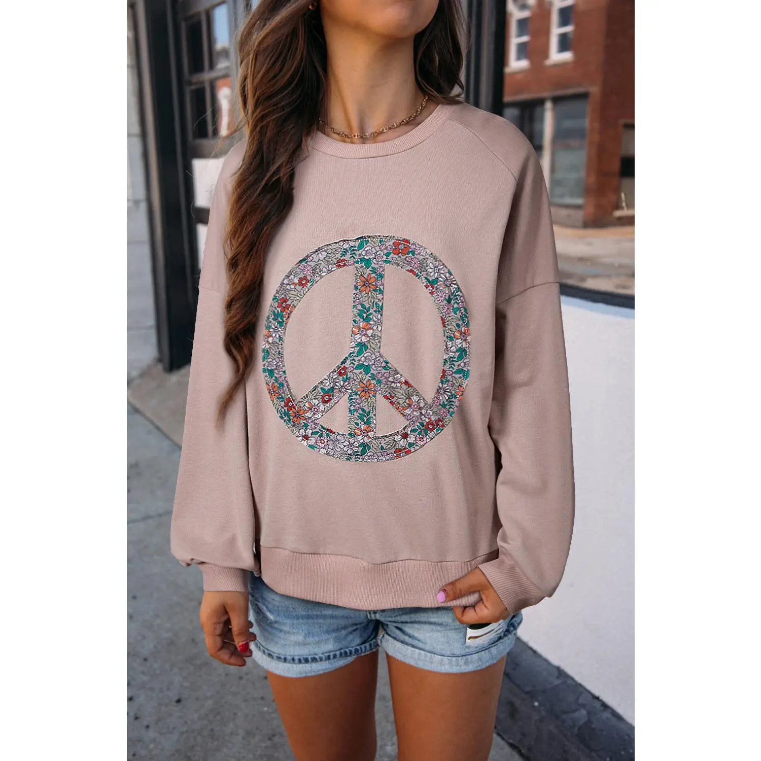 Goat Floral Peace Symbol Drop Shoulder Sweatshirt
