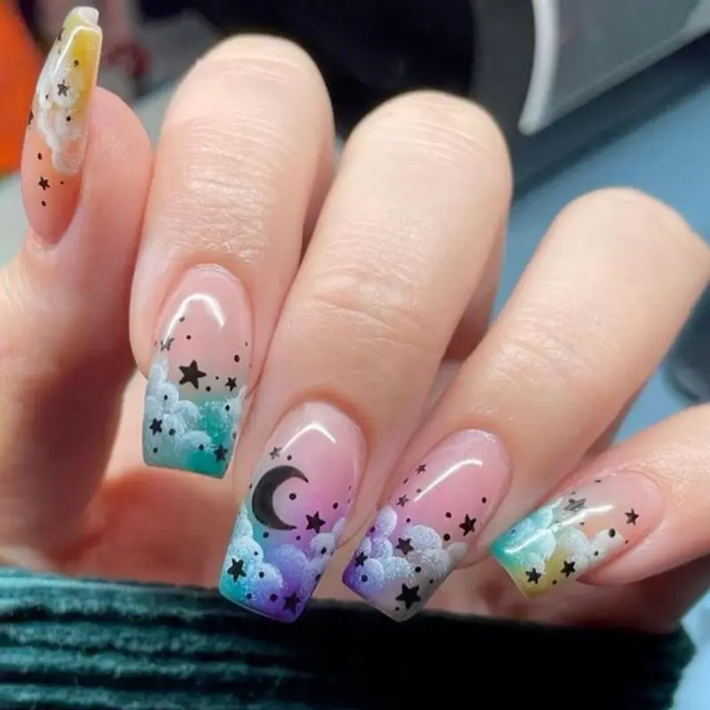 Upgrade Your Nail Style with 24pcs Multicolor Star Moon Cloud Press-On Nails, Short Square Acrylic Reusable Fake Nails for Women & Girls, Stylish Acrylic Nails