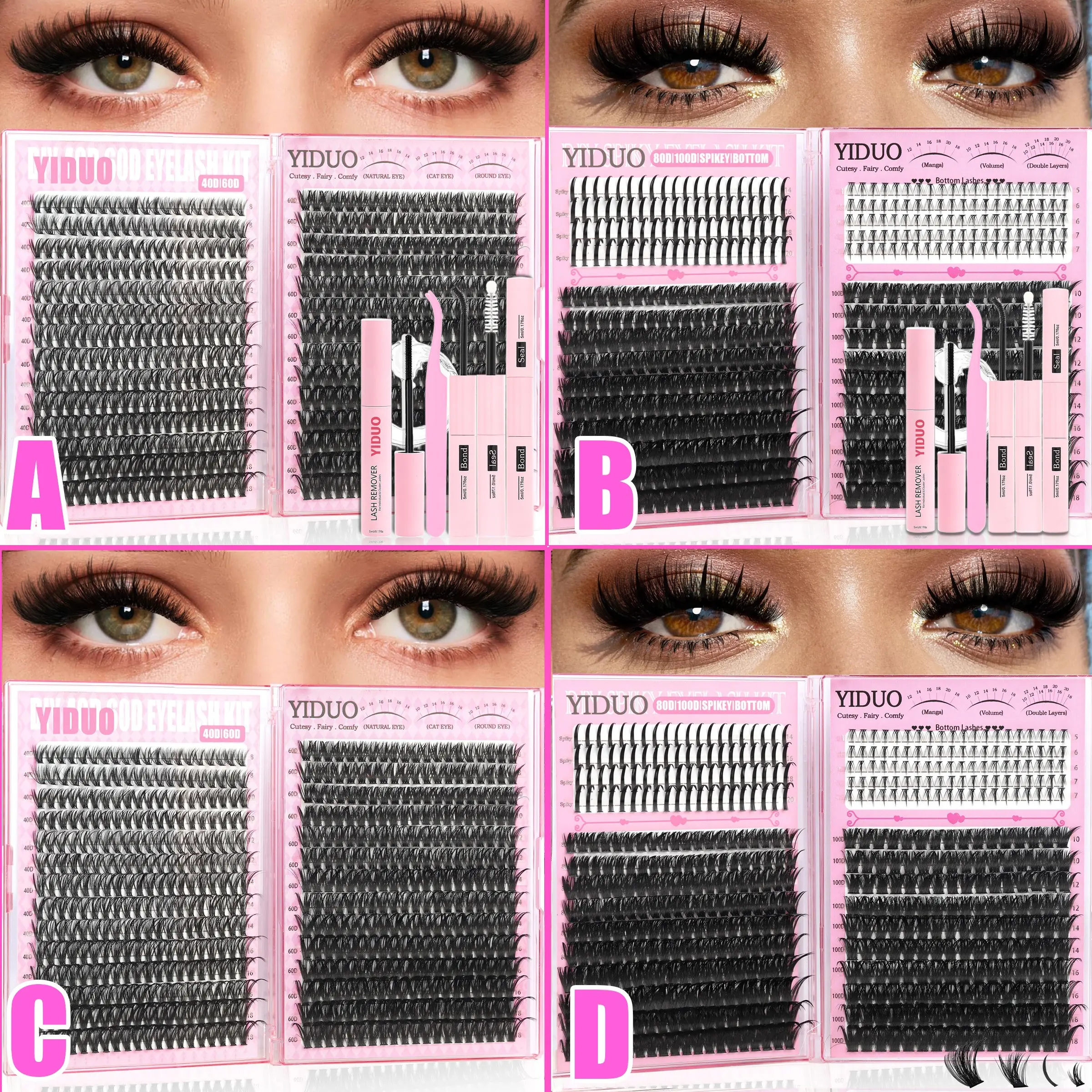 Eyelash Cluster Kit Bottom/Spiky/40D/60D/80D/100D  Volume Lash Clusters Kit 5-18mm Volume D-Curly False Eyelash Extensions Kit with Lash Bond and Seal Tweezers Remover DIY at Home Easily Eyelash Glue Extension Eyelashes Extension Kit