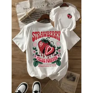 Strawberry Fields Forever Graphic Tee Women Cute Fruit Print Oversized Short Sleeve Crewneck Summer Y2k Vintage Streetwear Casual Soft Cotton Top