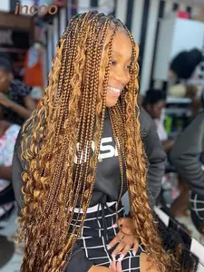Full Lace Front Wigs Ginger Brown Colored Synthetic Bohemian Goddess Locs Box Braided Wig 36" Boho Box Braided Wigs Curly Ends Boho Braided Lace Wigs For Black Women Ombre Blonde Hair Cornrows Wigs Knotless Boho Style Wigs