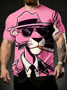 men's short sleeve T-shirt Pink Panther Wearing Hat Sunglasses And Suit spring and summer Tropical 3D printing athleisure streetwear, Casual, lightweight, breathable, flame design, activity men's football jersey