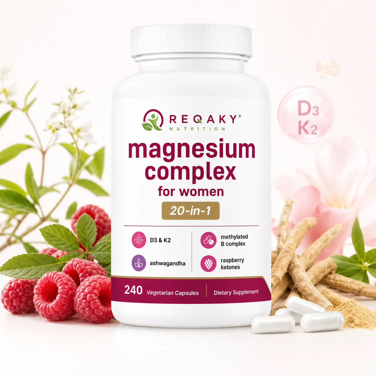 Advanced Magnesium Complex Capsules for Women – A nutritional blend with Vitamins D3, K2, and Ashwagandha; promotes restful sleep and supports muscle and emotional health – 240 Capsules