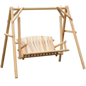 6.5' Outdoor Rustic Loveseat – 2 Person Freestanding Solid Wood Natural Log Garden Swing with Stand, Fir Log Construction, Varnished Finish, Slatted Seat, Armrests, 660 lbs Capacity, for Patio, Backyard, Garden