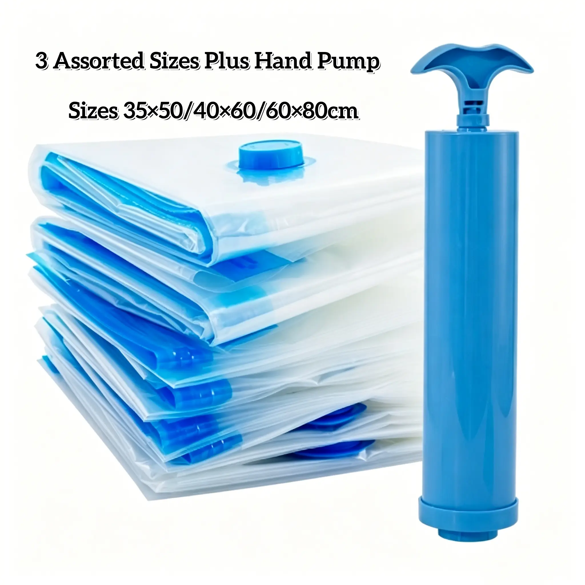 Clear Vacuum Compression Storage Bags with Hand Pump 3PCS Mixed Sizes 35×50/40×60/60×80cm Dust Moisture Resistant Space Saver Bags for Bedding Garment Seasonal Clothes Home Storage