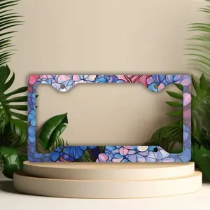 Stained Glass Hydrangea License Plate Frame, Blue Pink Floral Car Tag Holder, Cottagecore Aesthetic, Elegant Flower Decor, 4 Hole.