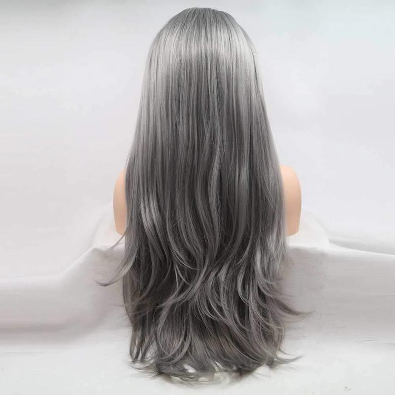 Grey Wig Synthetic Ash Grey Lace Front Wig Long Straight Hair Middle Part Natural Hairline Wig Heat Resistant Fiber Wig 180% Density 13x3 Lace Wig For n 24 inch