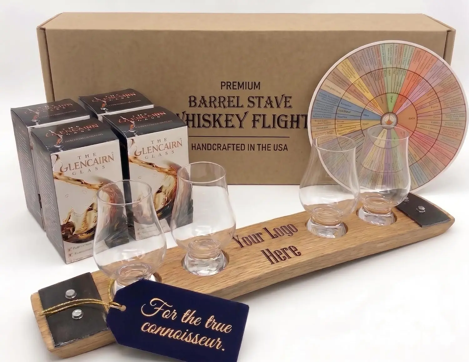 Personalized Premium 4 Glass Whiskey Flight/Engraved Center/Personalized Gift/Crystal Glass Option/Natural Oak Color (Your Logo/Design)