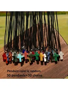 30Pcs Natural Stone Cross Chakra Pendant Necklace Set with Black Leather Cord DIY Jewelry Making Kit for Christmas Easter Gift 30 Pendants 30 Chains
