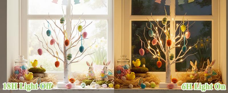EAMBRITE Easter Decorations Lighted White Birch Tree with 18x2 Eggs Ornaments, 24 LED Lights, Battery Powered Timer, Tabletop Centerpiece for Spring Home Decor, 2 Pack EAMBRITE Easter Decorations Lighted White Birch Tree with 18x2 Eggs Ornaments, 24 LED Lights, Battery Powered Timer, Tabletop Centerpiece for Spring Home Decor, 2 Pack