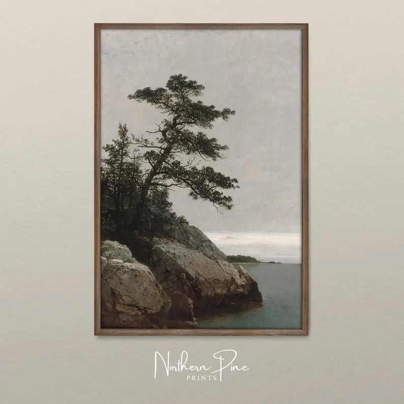 Vintage Lake Landscape Oil Painting Print - Unframed Rustic Tree Pattern Paper Wall Art with Oil Painting Aesthetic, Multi-Size (8x10,24x36,27x40,30x30) Tube Packaging, Vintage Prints for Farmhouse Lake House Decor, High-Quality Printing, Tree Pattern Des