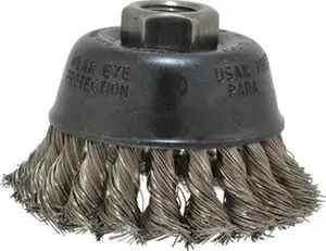 Osborn Knotted Wire Fill Cup Brush, 2-3/4" Diameter, 0.014" Wire Diameter, 5/8-11 Threaded Stainless Steel Arbor, 14000 Max RPM, Model 0003356700