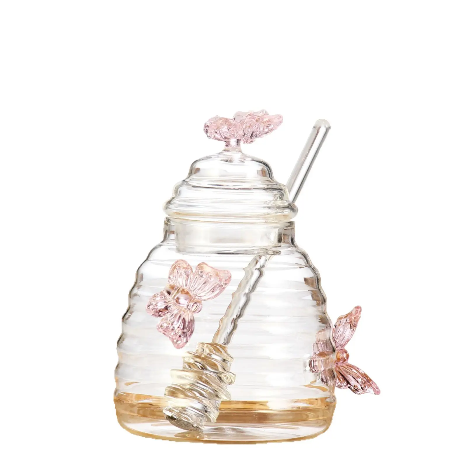 Large Pink Butterfly Charm Glass Honey Jar Set with Airtight Lid, Wooden Dipper, Rustic Canister - Farmhouse Decor Kitchen Preserving Containers & Utensils for Bees Lovers, Dining Table Use, Birthday Gifts