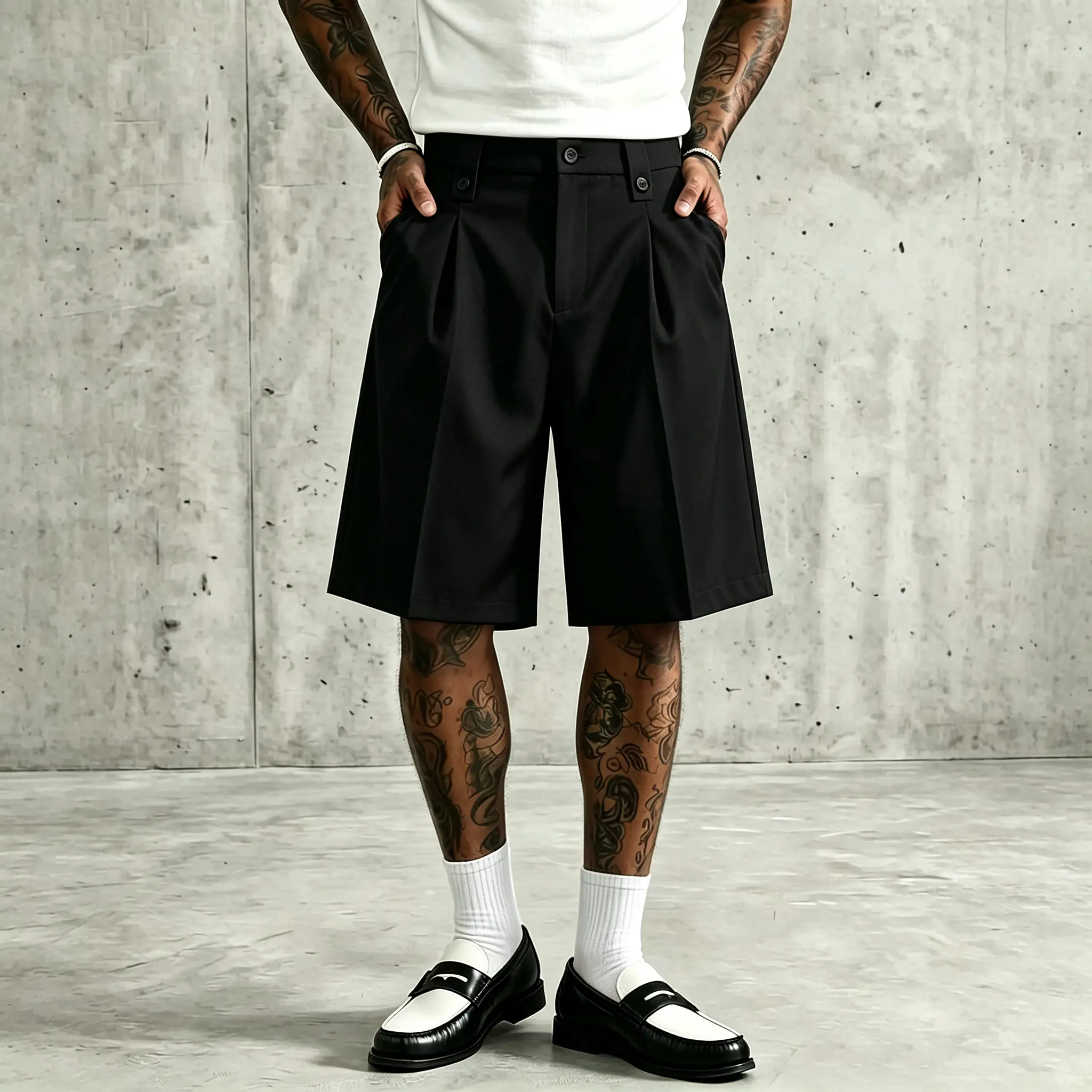 Loose-fit mid-length suit shorts with a pleated front panel design and smooth, drapey fabric. Versatile bottoms that pair well with loafers and casual sneakers, suitable for everyday commuting, mall shopping, and summer outings—creating a simple, refined