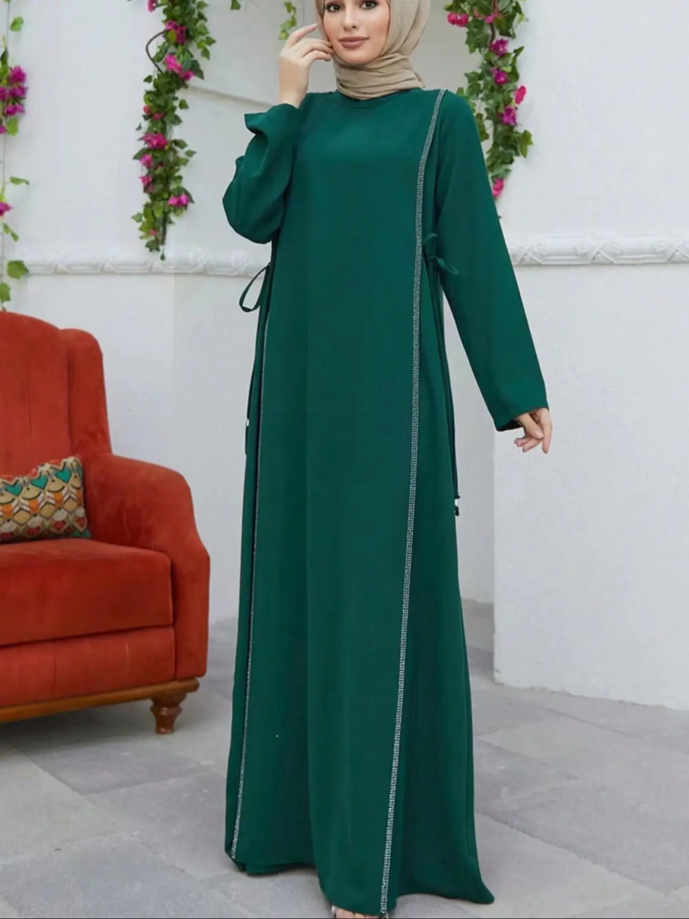 Elegant Women's Plaid Stand Collar Long Dress, Beaded Craft Party Gown, All-Season Fashion, Plain Pattern, Perfect for Gatherings, Muslim Evening Dres