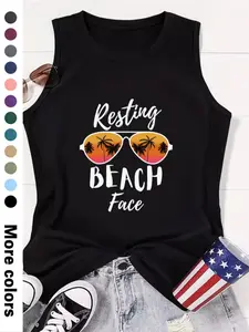 Fashionable Summer Beach Coconut Tree Print Round Neck Sleeveless Vest for Women, Comfortable Soft Fabric, Available in 12 Colors