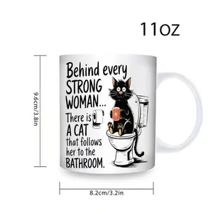 11 Oz Behind Every Resilient Woman Cat Coffee Cup - Humorous Novelty Ceramic Mug Featuring a Black Handle & Inside, Adorable Cat on Toilet Design, Ideal for Cat Enthusiasts, Gift Suggestion for Birthdays, Christmas, Or Mother'S Day