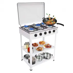 5-Burner Natural Gas Stove, 2-Tier Rack Outdoor Camping Stove Stand Portable Independent Control Natural Gas Cooker With Five Control Knobs For Cafeteria, Apartment, Camping (White)
