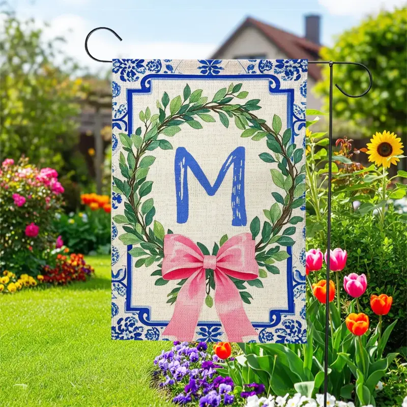 Personalized Garden Flag with Family Monogram  – Boxwood Wreath Monogram, Seasonal Welcome Decor for Patio & Yard, 12x18"