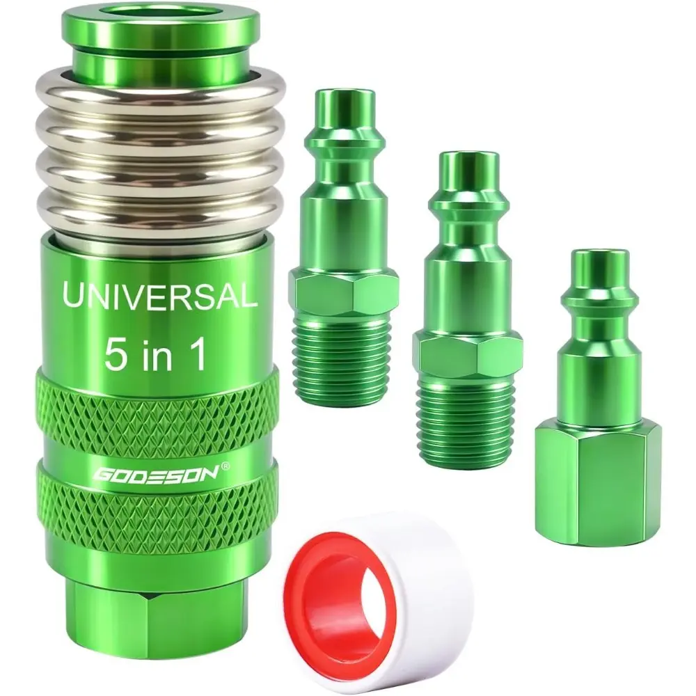 4-Piece 1/4" NPT Air Hose Fittings, 5-in-1 Safety Universal Air Coupler and 3 Plugs, Accepts M V T A L Style Plugs, Steel/Aluminum, for Air Compressor Quick Connect Fittings with Teflon Tape